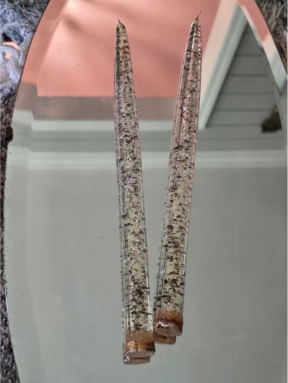 2 Lucite Taper Candles 12 in Gold & Silver Foil Flakes
